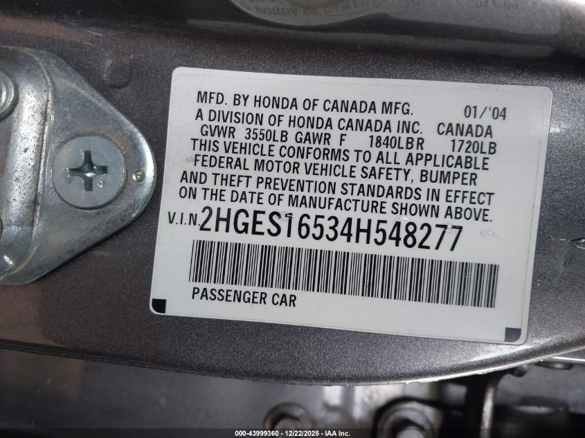 2004 Honda Civic Lx VIN: 2HGES16534H548277 Lot: 43999360