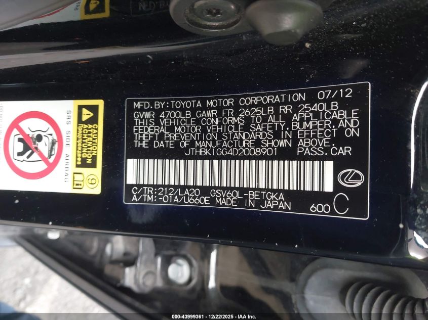 2013 Lexus Es 350 VIN: JTHBK1GG4D2008901 Lot: 43999361