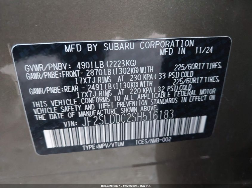 2025 Subaru Forester Premium VIN: JF2SLDDC2SH516183 Lot: 43999377