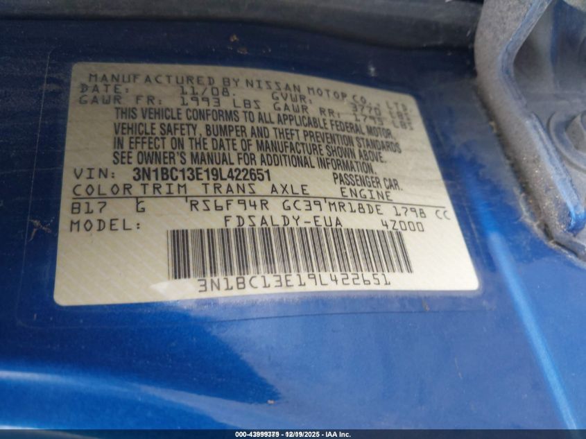 2009 Nissan Versa 1.8S VIN: 3N1BC13E19L422651 Lot: 43999379