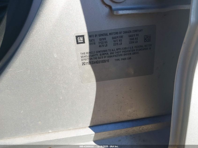 2016 Chevrolet Impala 1Lt VIN: 2G1105SA4G9160916 Lot: 43999381