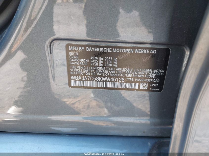 2019 BMW 530I xDrive VIN: WBAJA7C58KWW46126 Lot: 43999390