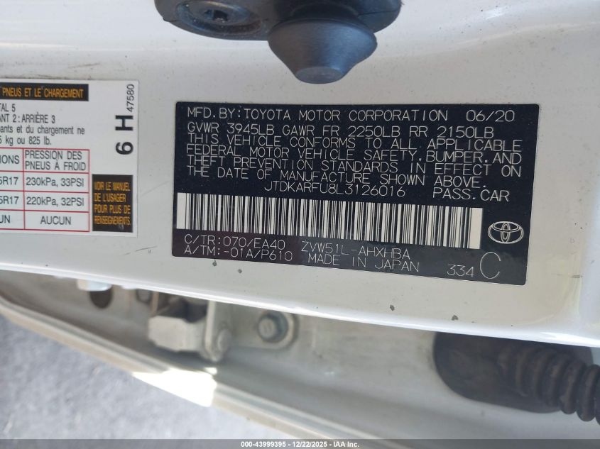 2020 Toyota Prius Xle VIN: JTDKARFU8L3126016 Lot: 43999395