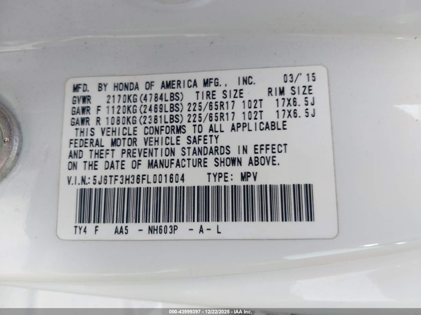 2015 Honda Crosstour Ex VIN: 5J6TF3H36FL001604 Lot: 43999397