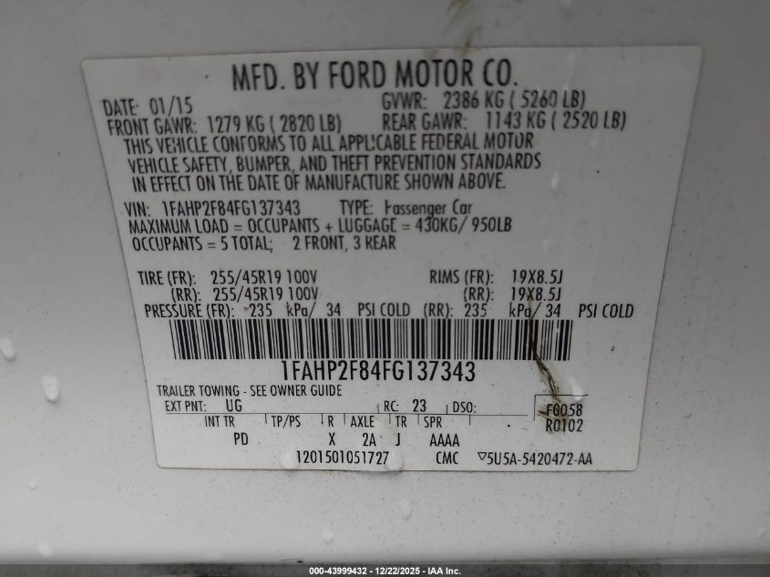 2015 Ford Taurus Limited VIN: 1FAHP2F84FG137343 Lot: 43999432