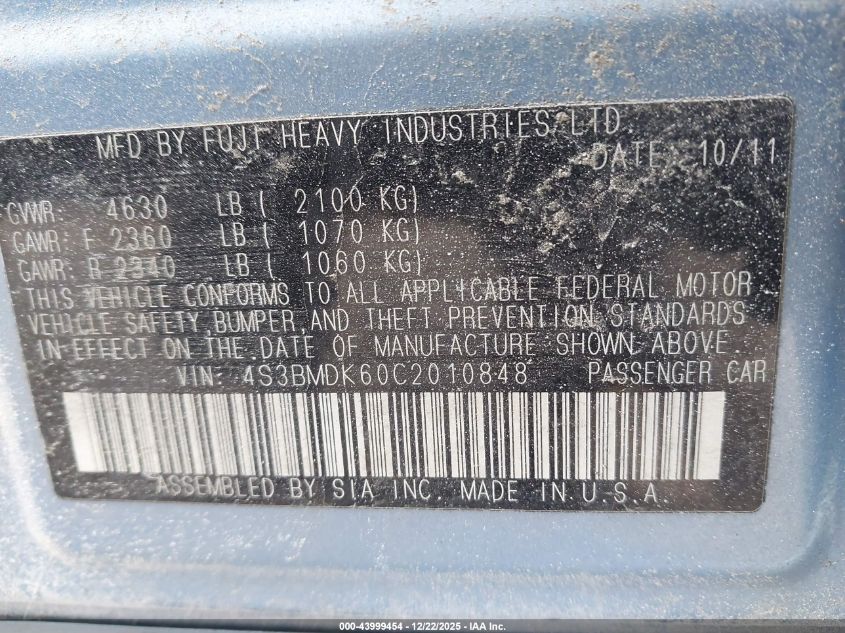 2012 Subaru Legacy 3.6R Limited VIN: 4S3BMDK60C2010848 Lot: 43999454