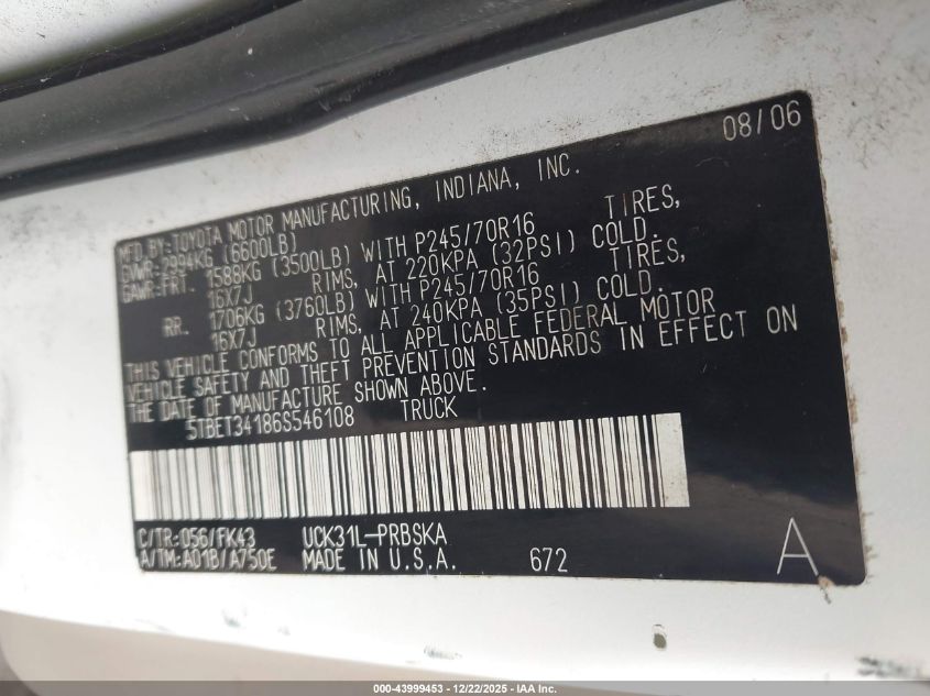 2006 Toyota Tundra Darrell Waltrip Edition/Sr5 V8 VIN: 5TBET34186S54610 Lot: 43999453