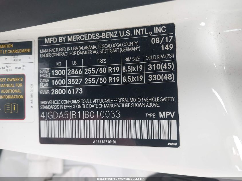 2018 Mercedes-Benz Gle 350 VIN: 4JGDA5JB1JB010033 Lot: 43999474