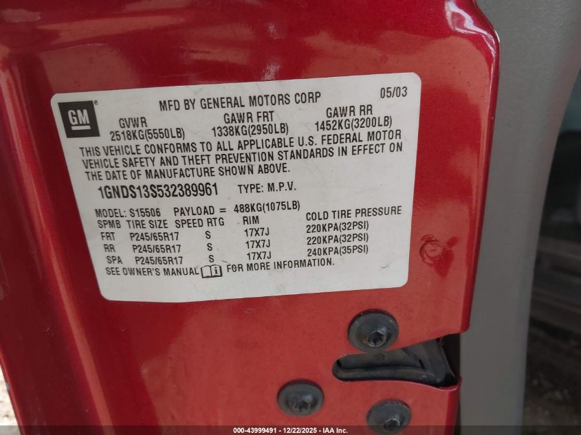 2003 Chevrolet Trailblazer Lt VIN: 1GNDS13S532389961 Lot: 43999491