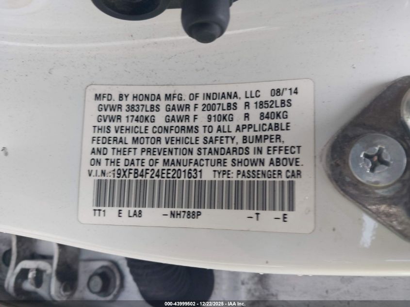 2014 Honda Civic Hybrid VIN: 19XFB4F24EE201631 Lot: 43999502