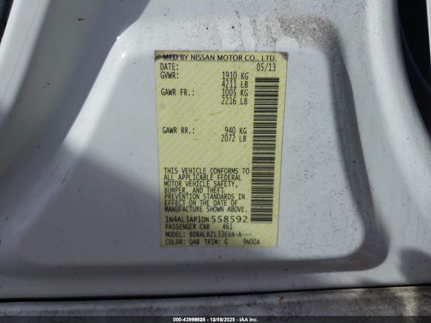 2013 Nissan Altima 2.5 S VIN: 1N4AL3AP1DN558592 Lot: 43999526