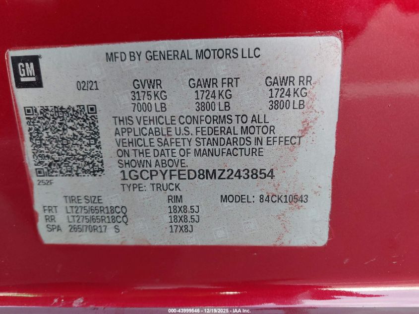 2021 Chevrolet Silverado K1500 Lt Trail Boss VIN: 1GCPYFED8MZ243854 Lot: 43999546