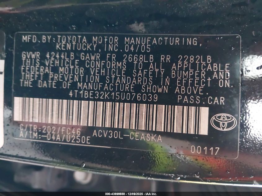 2005 Toyota Camry Se VIN: 4T1BE32K15U076039 Lot: 43999558