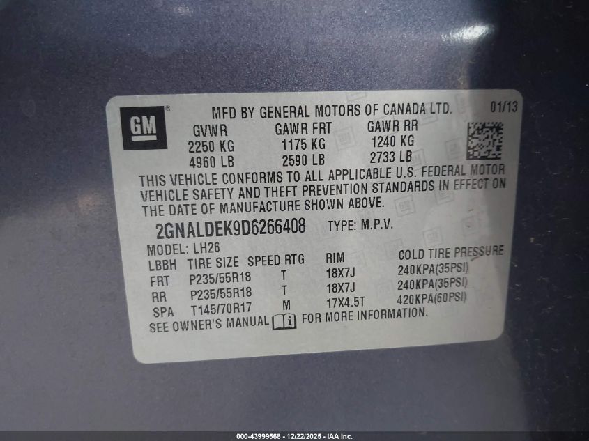 2013 Chevrolet Equinox 1Lt VIN: 2GNALDEK9D6266408 Lot: 43999568