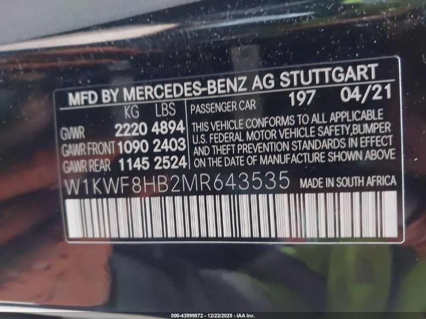 2021 Mercedes-Benz Amg C 63 S VIN: W1KWF8HB2MR643535 Lot: 43999572