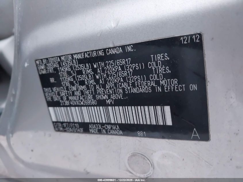 2012 Toyota Rav4 VIN: 2T3BF4DVXCW269580 Lot: 43999601