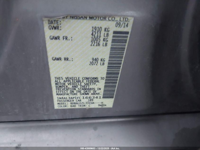 2015 Nissan Altima 2.5 S VIN: 1N4AL3AP1FC166341 Lot: 43999603