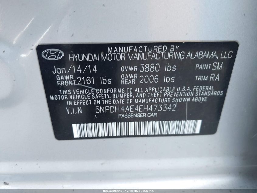 2014 Hyundai Elantra Se VIN: 5NPDH4AE4EH473342 Lot: 43999610