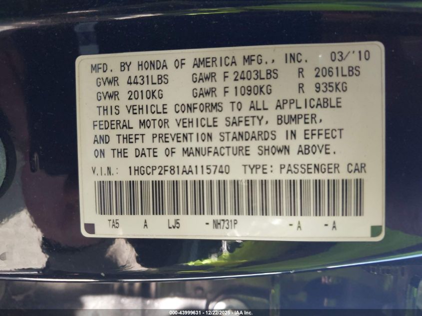 2010 Honda Accord 2.4 Ex-L VIN: 1HGCP2F81AA115740 Lot: 43999631