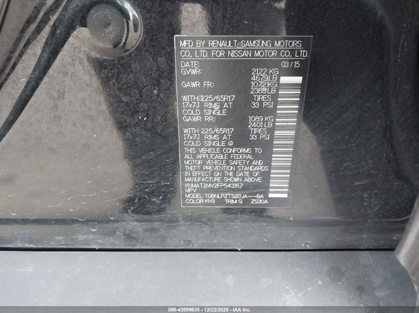 2015 Nissan Rogue S VIN: KNMAT2MV2FP543167 Lot: 43999630