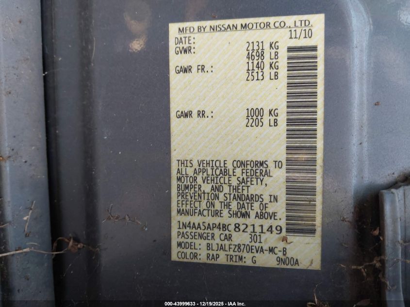 2011 Nissan Maxima 3.5 Sv VIN: 1N4AA5AP4BC821149 Lot: 43999633