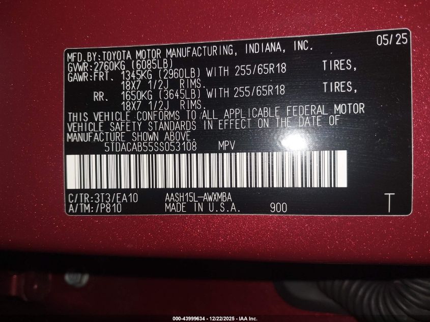 2025 Toyota Grand Highlander Hybrid Xle VIN: 5TDACAB55SS053108 Lot: 43999634