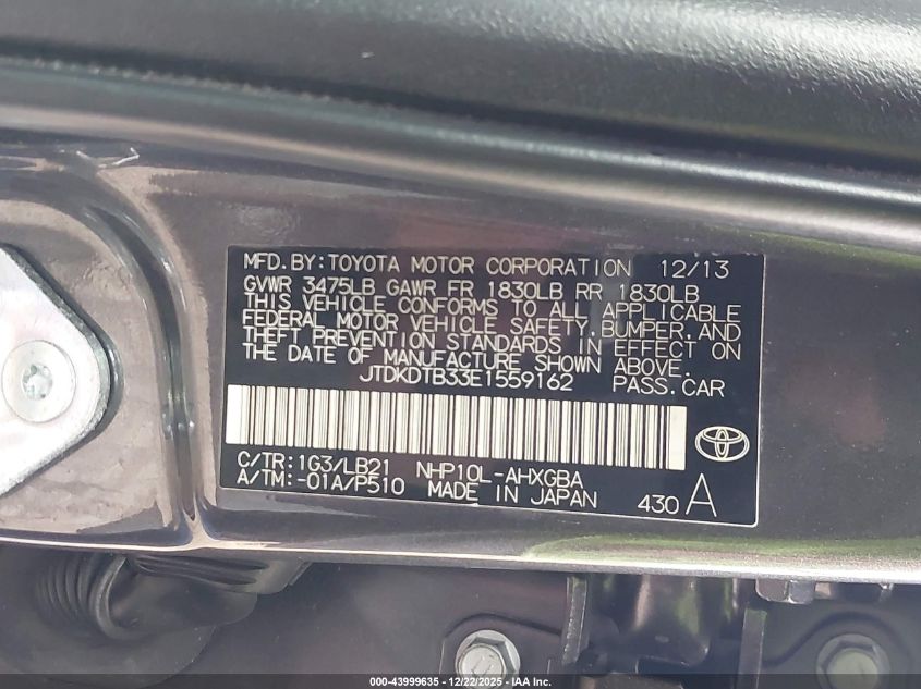 2014 Toyota Prius C Four VIN: JTDKDTB33E1559162 Lot: 43999635