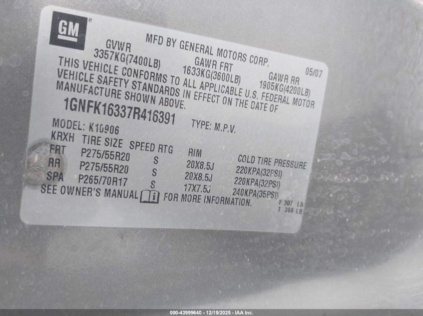 2007 Chevrolet Suburban 1500 Ltz VIN: 1GNFK16337R416391 Lot: 43999640