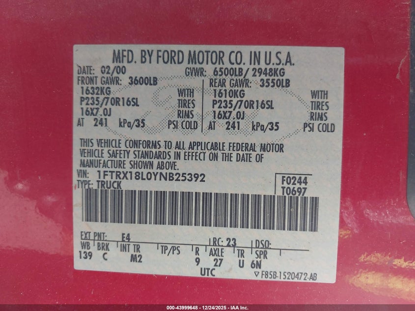 2000 Ford F-150 Lariat/Work Series/Xl/Xlt VIN: 1FTRX18L0YNB25392 Lot: 43999648
