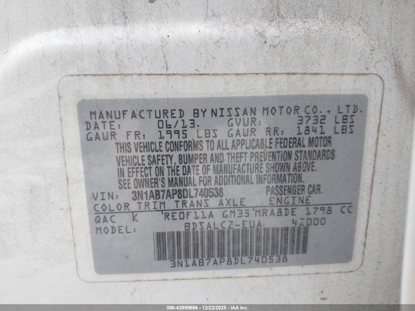 2013 Nissan Sentra S VIN: 3N1AB7AP8DL740538 Lot: 43999666