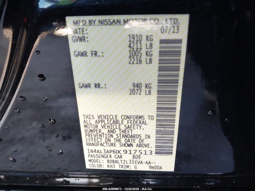 2013 Nissan Altima 2.5 Sv VIN: 1N4AL3AP6DC917513 Lot: 43999673