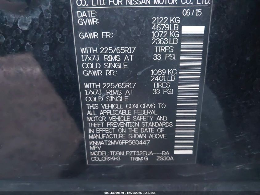 2015 Nissan Rogue S VIN: KNMAT2MV6FP580447 Lot: 43999679