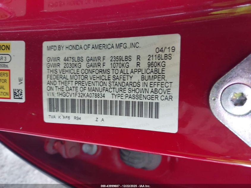 2019 Honda Accord Sport VIN: 1HGCV1F32KA078834 Lot: 43999687