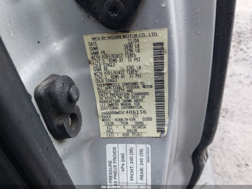 2005 Nissan Frontier Le VIN: 1N6AD06W05C406156 Lot: 43999689