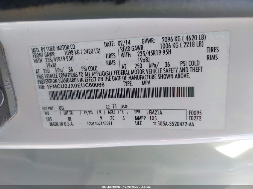 2014 Ford Escape Titanium VIN: 1FMCU0JX0EUC60066 Lot: 43999692