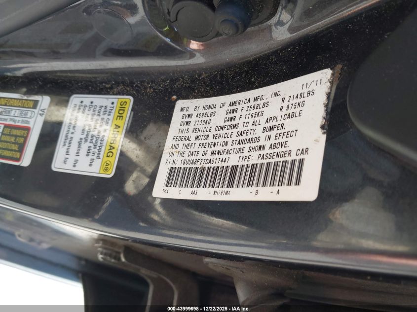 2012 Acura Tl 3.5 VIN: 19UUA8F27CA017447 Lot: 43999698