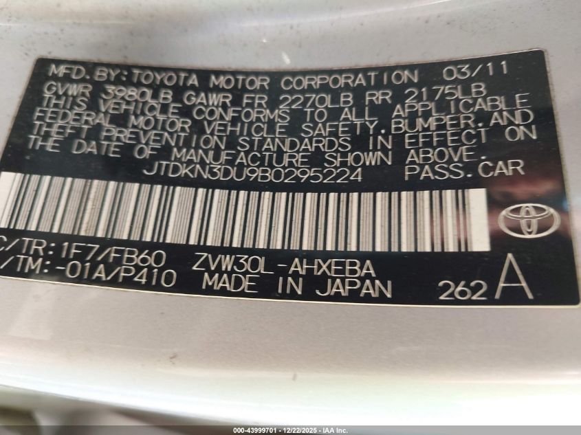 2011 Toyota Prius Two VIN: JTDKN3DU9B0295224 Lot: 43999701