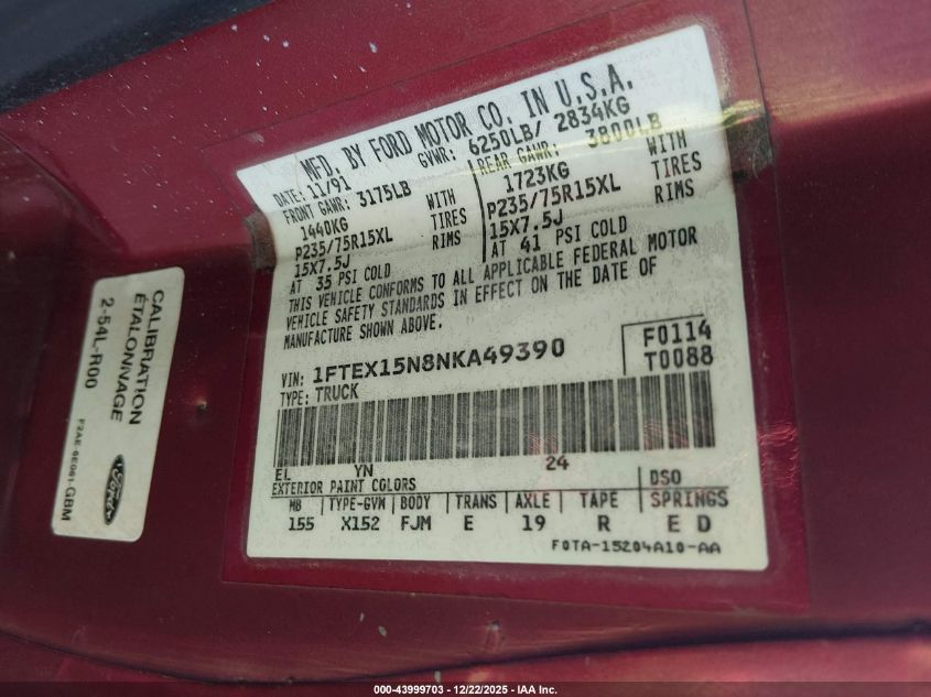 1992 Ford F150 VIN: 1FTEX15N8NKA49390 Lot: 43999703