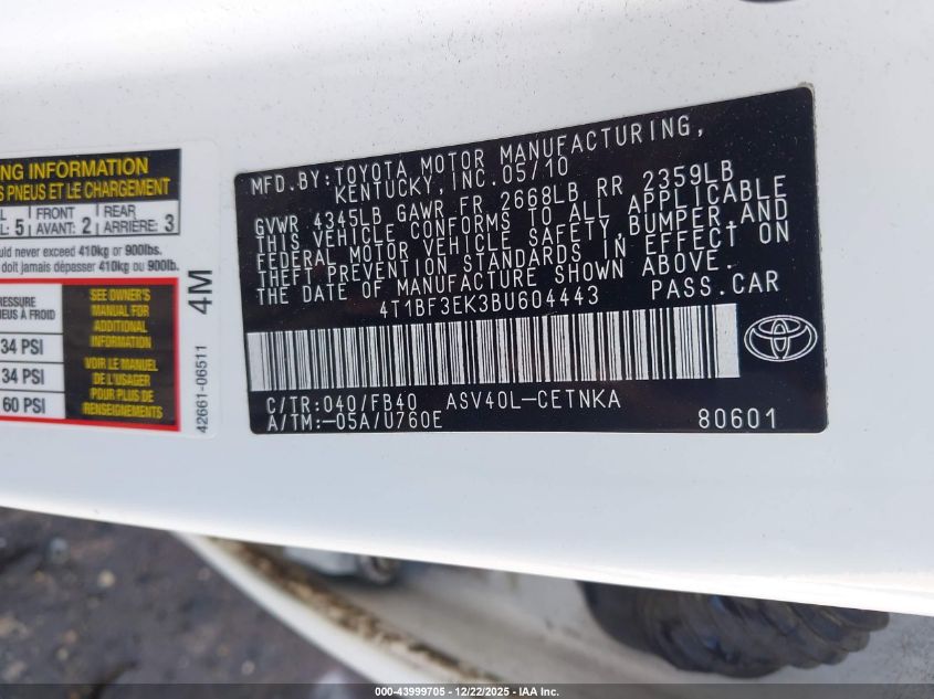 2011 Toyota Camry Le VIN: 4T1BF3EK3BU604443 Lot: 43999705