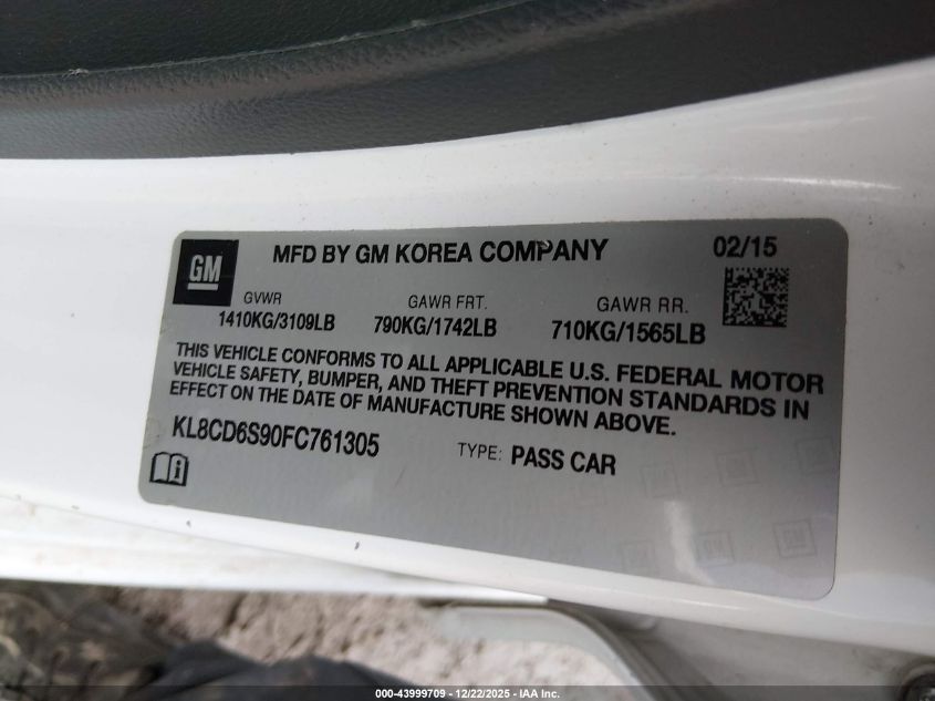 2015 Chevrolet Spark 1Lt Cvt VIN: KL8CD6S90FC761305 Lot: 43999709