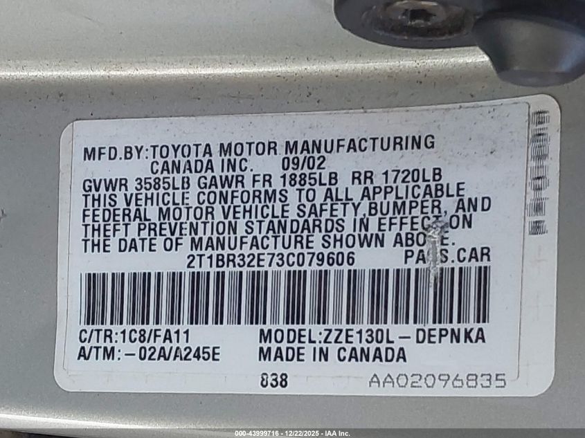 2003 Toyota Corolla Le VIN: 2T1BR32E73C079606 Lot: 43999716