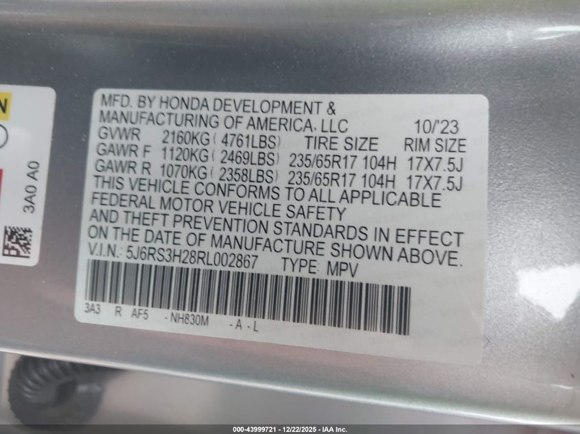2024 Honda Cr-V Lx 2Wd VIN: 5J6RS3H28RL002867 Lot: 43999721