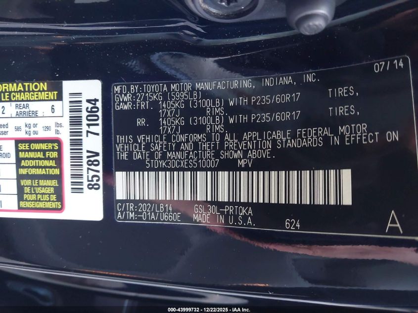 2014 Toyota Sienna Xle V6 8 Passenger VIN: 5TDYK3DCXES510007 Lot: 43999732