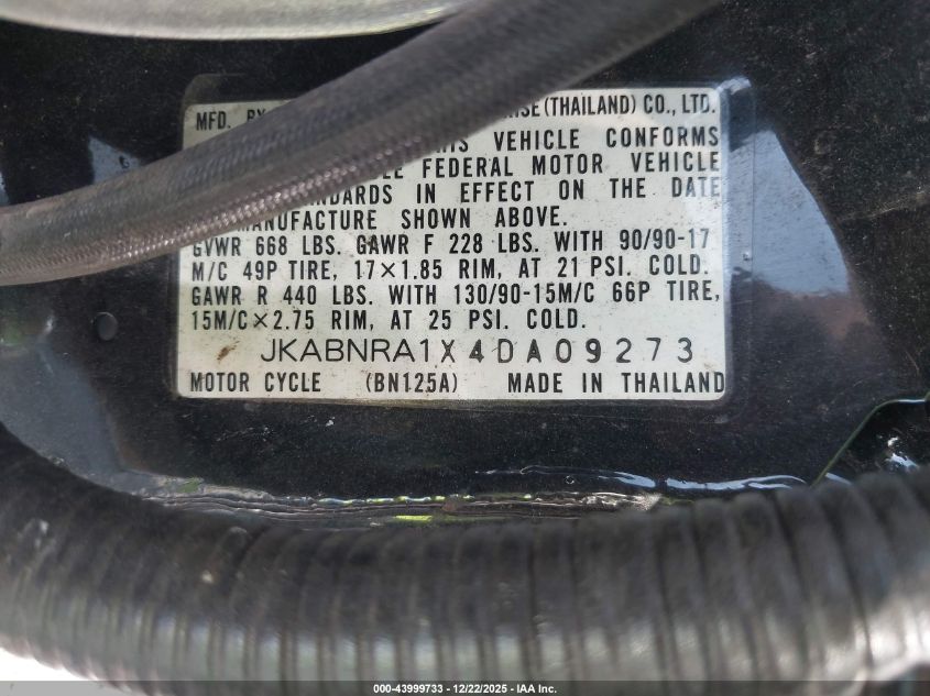 2004 Kawasaki Bn125 A VIN: JKABNRA1X4DA09273 Lot: 43999733