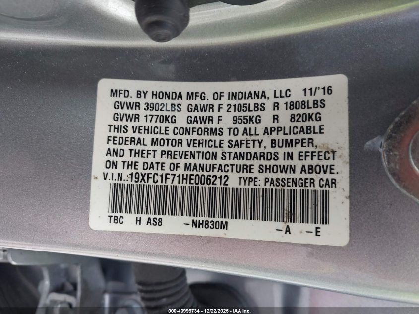 2017 Honda Civic Ex-L VIN: 19XFC1F71HE006212 Lot: 43999734