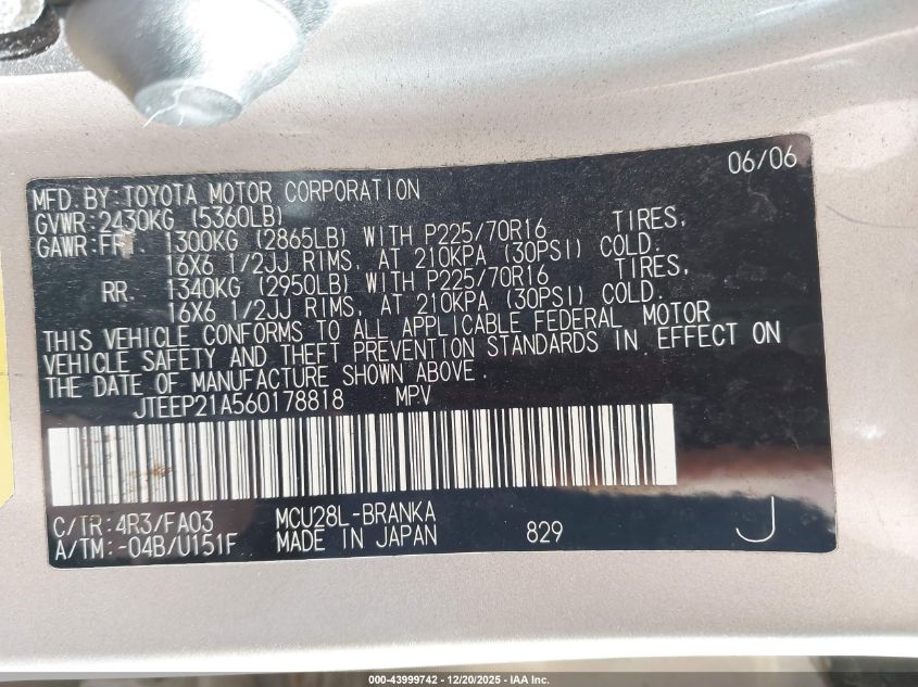 2006 Toyota Highlander V6 VIN: JTEEP21A560178818 Lot: 43999742