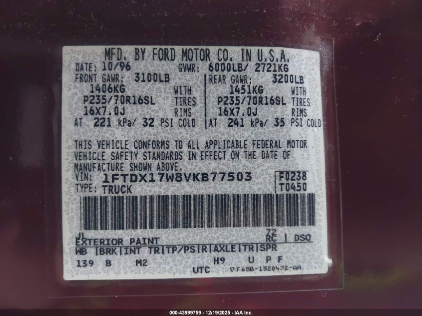 1997 Ford F-150 Lariat/Standard/Xl/Xlt VIN: 1FTDX17W8VKB77503 Lot: 43999759