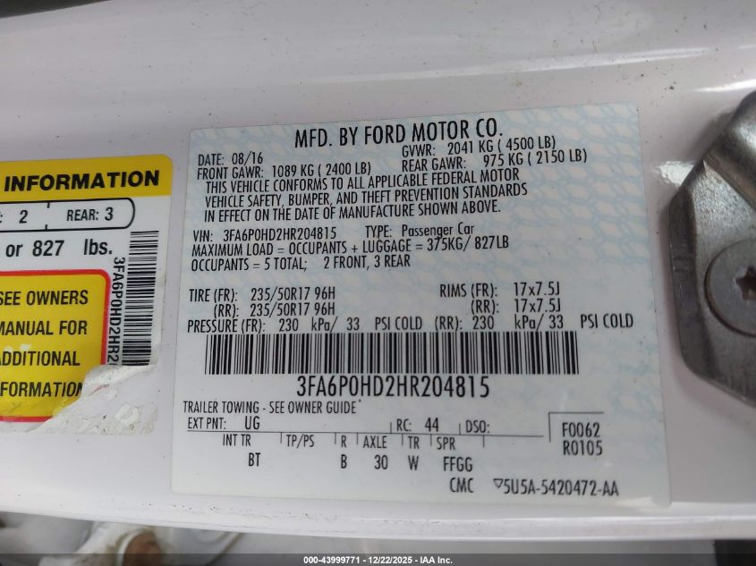 2017 Ford Fusion Se VIN: 3FA6P0HD2HR204815 Lot: 43999771