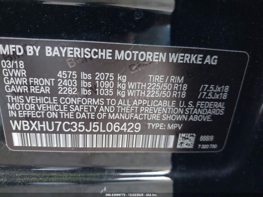 2018 BMW X1 Sdrive28I VIN: WBXHU7C35J5L06429 Lot: 43999778