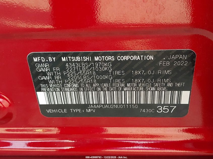 2022 Mitsubishi Outlander Sport 2.0 Be 2Wd/2.0 Es 2Wd/2.0 Le 2Wd/2.0 S 2Wd VIN: JA4APUAU2NU011150 Lot: 43999783